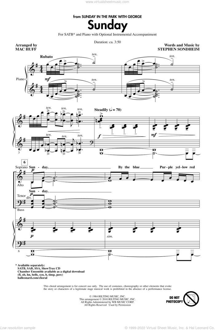 Sunday sheet music for choir (SATB: soprano, alto, tenor, bass) by Stephen Sondheim and Mac Huff, intermediate skill level
