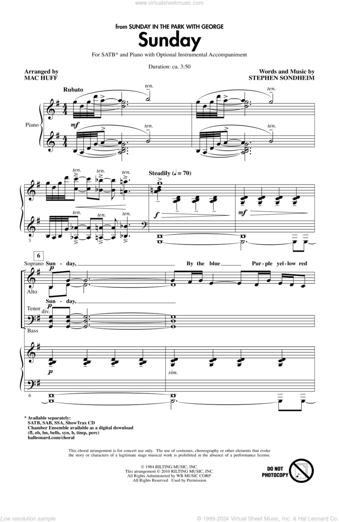 Sunday sheet music for choir (SATB: soprano, alto, tenor, bass) by Stephen Sondheim and Mac Huff, intermediate skill level