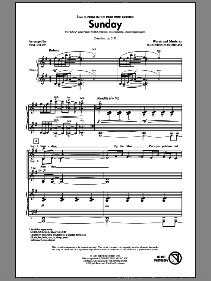 Sunday sheet music for choir (SSA: soprano, alto) by Stephen Sondheim and Mac Huff, intermediate skill level