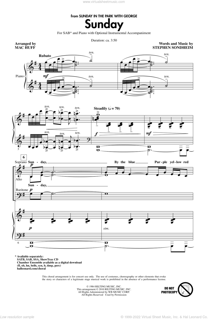 Sunday sheet music for choir (SAB: soprano, alto, bass) by Stephen Sondheim and Mac Huff, intermediate skill level