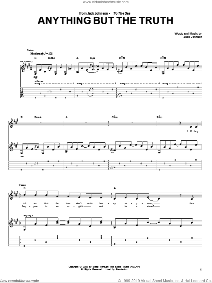 Anything But The Truth sheet music for guitar (tablature) by Jack Johnson, intermediate skill level