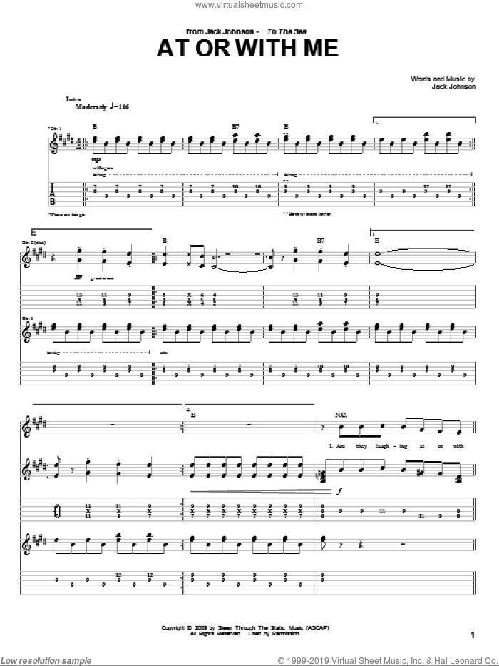 At Or With Me sheet music for guitar (tablature) by Jack Johnson, intermediate skill level