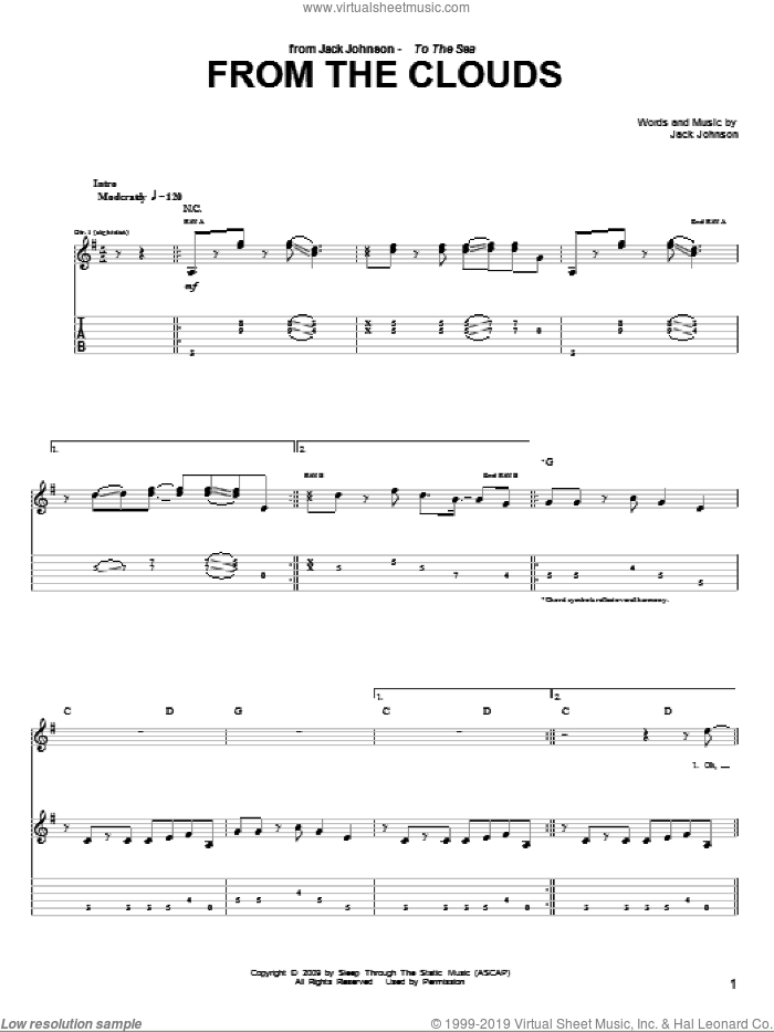 From The Clouds sheet music for guitar (tablature) by Jack Johnson, intermediate skill level