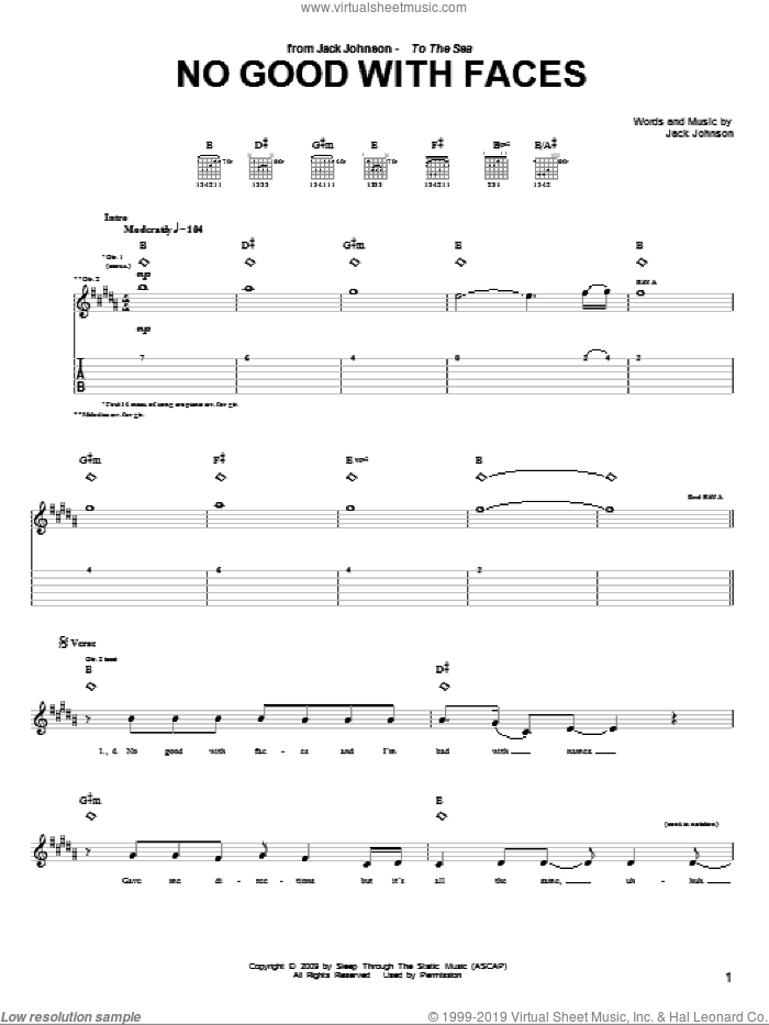 No Good With Faces sheet music for guitar (tablature) by Jack Johnson, intermediate skill level
