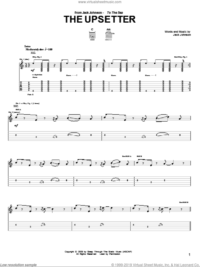 The Upsetter sheet music for guitar (tablature) by Jack Johnson, intermediate skill level