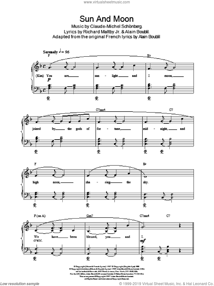 Sun And Moon (from Miss Saigon) sheet music for piano solo by Claude-Michel Schonberg, Miss Saigon (Musical), Alain Boublil, Boublil and Schonberg and Richard Maltby, Jr., intermediate skill level