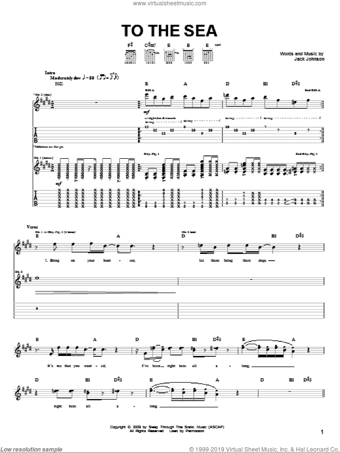 To The Sea sheet music for guitar (tablature) by Jack Johnson, intermediate skill level