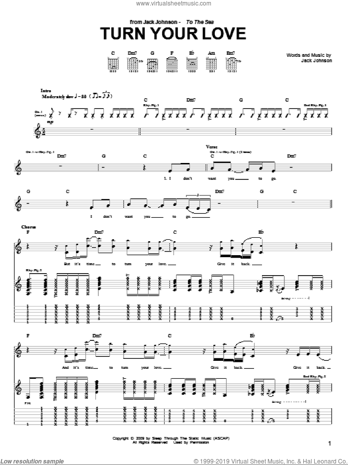 Turn Your Love sheet music for guitar (tablature) by Jack Johnson, intermediate skill level