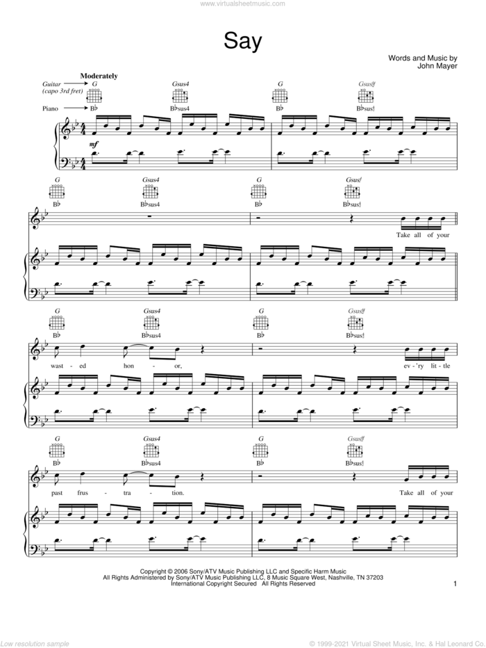Say sheet music for voice, piano or guitar by John Mayer, intermediate skill level
