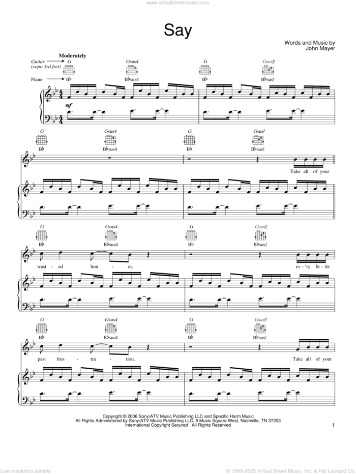 Say sheet music for voice, piano or guitar by John Mayer, intermediate skill level