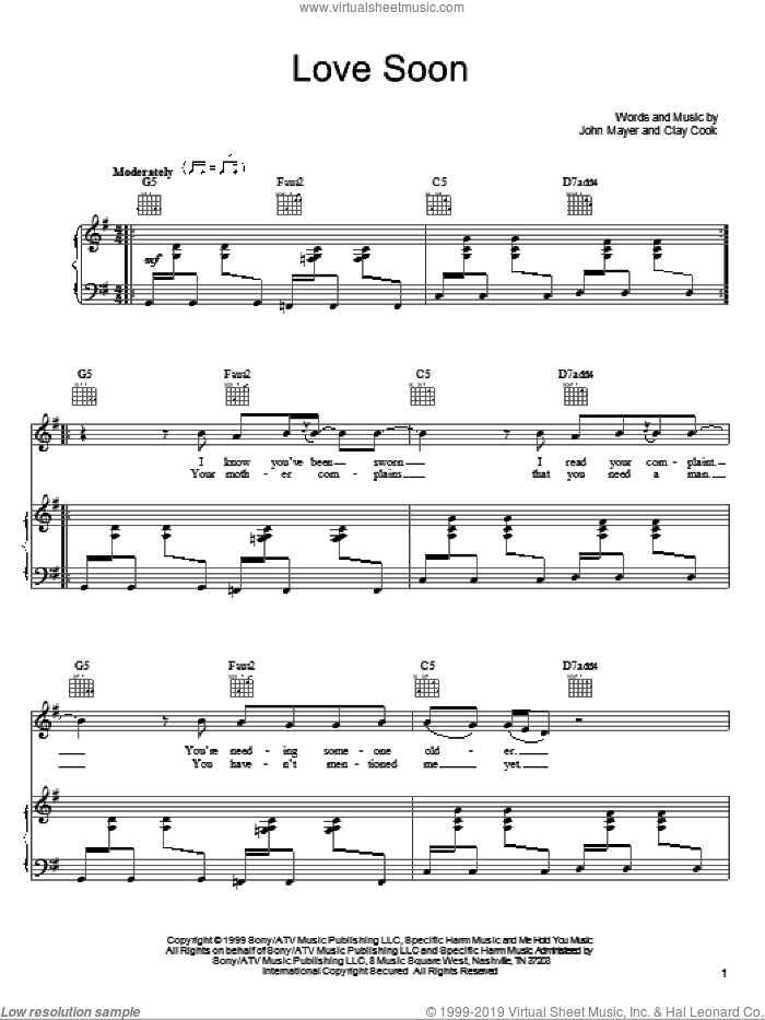 Love Soon sheet music for voice, piano or guitar by John Mayer and Clay Cook, intermediate skill level