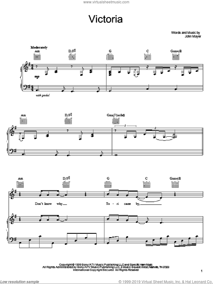 Victoria sheet music for voice, piano or guitar by John Mayer, intermediate skill level
