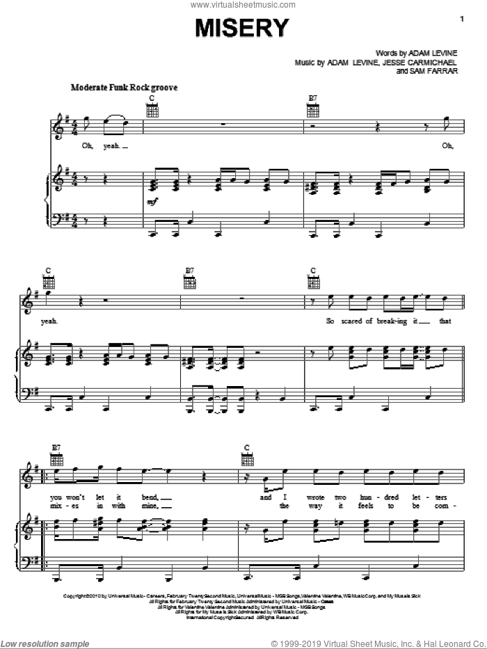Misery sheet music for voice, piano or guitar by Maroon 5, Adam Levine, Jesse Carmichael and Sam Farrar, intermediate skill level