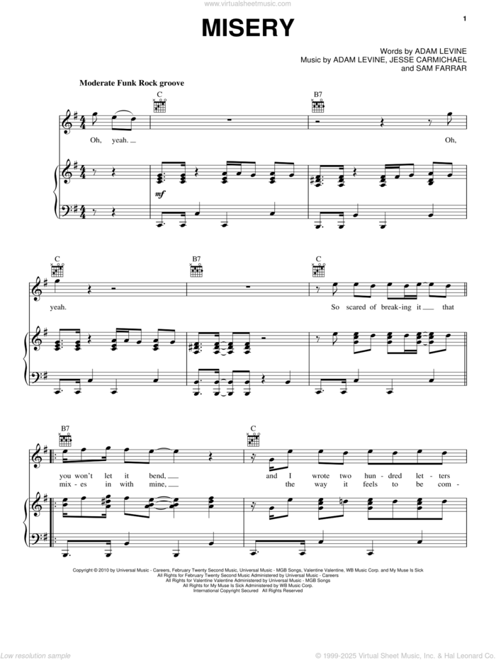 Misery sheet music for voice, piano or guitar by Maroon 5, Adam Levine, Jesse Carmichael and Sam Farrar, intermediate skill level