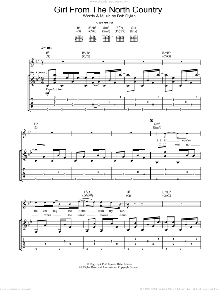 Girl From The North Country sheet music for guitar (tablature) by Bob Dylan, intermediate skill level