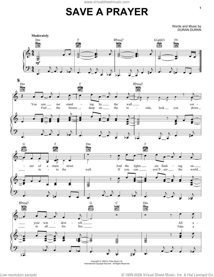 Save A Prayer sheet music for voice, piano or guitar by Duran Duran, intermediate skill level