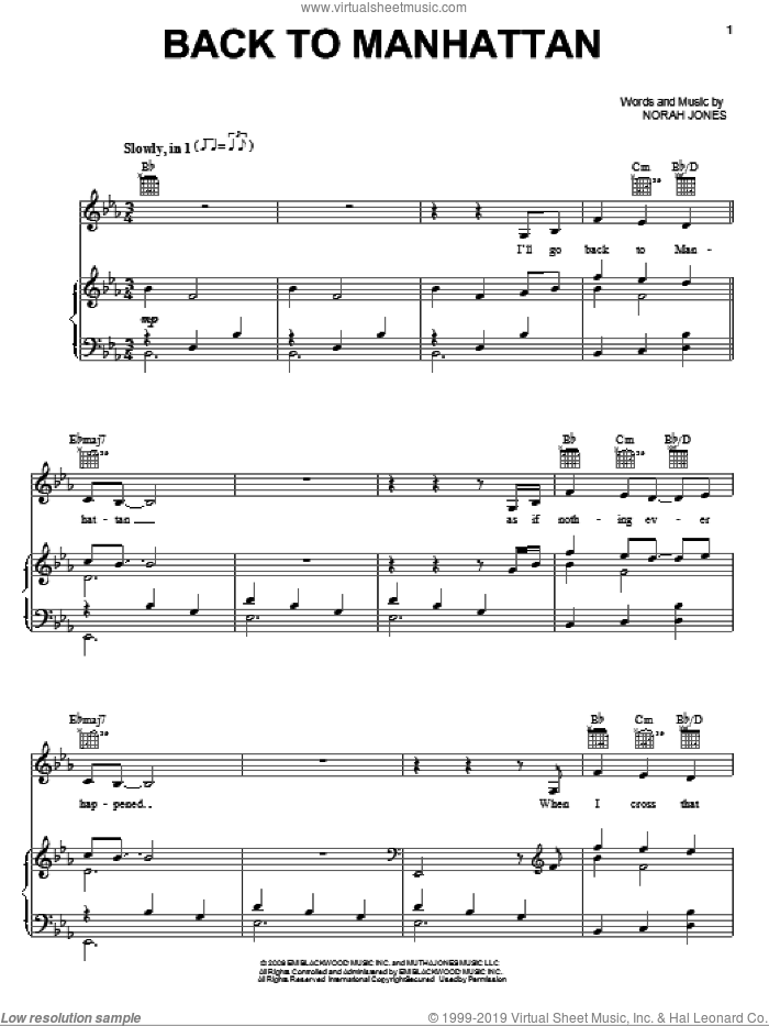 Back To Manhattan sheet music for voice, piano or guitar by Norah Jones, intermediate skill level