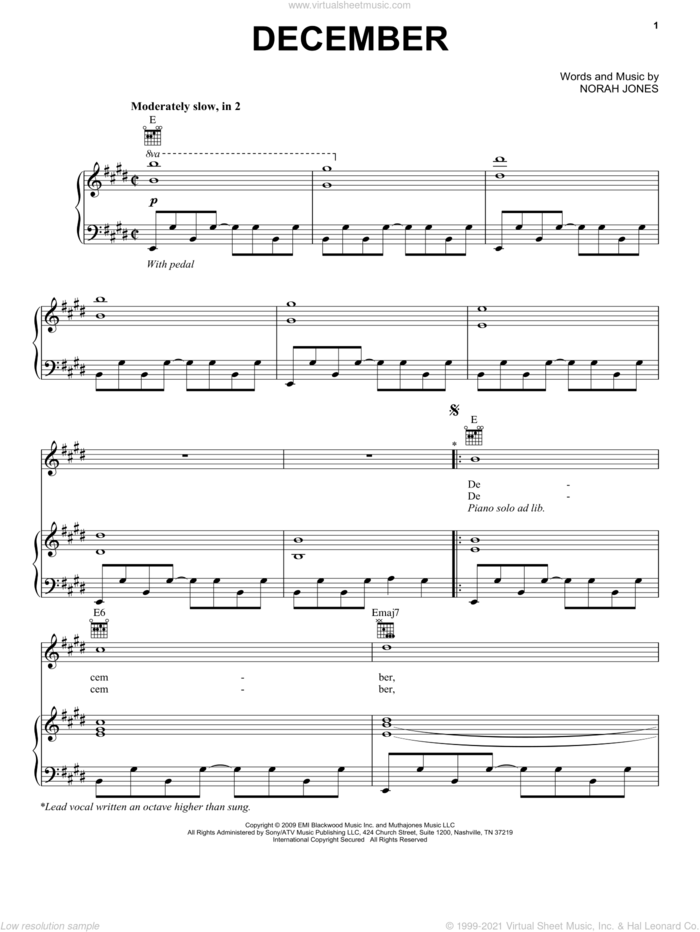 December sheet music for voice, piano or guitar by Norah Jones, intermediate skill level