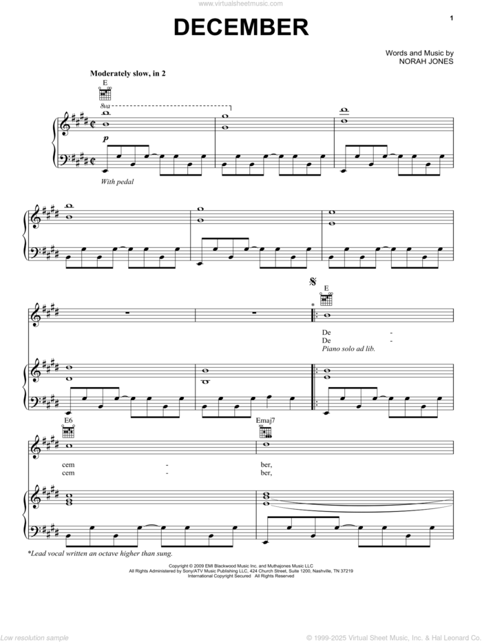 December sheet music for voice, piano or guitar by Norah Jones, intermediate skill level