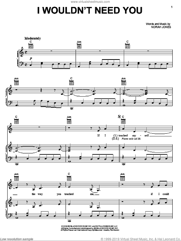 I Wouldn't Need You sheet music for voice, piano or guitar by Norah Jones, intermediate skill level