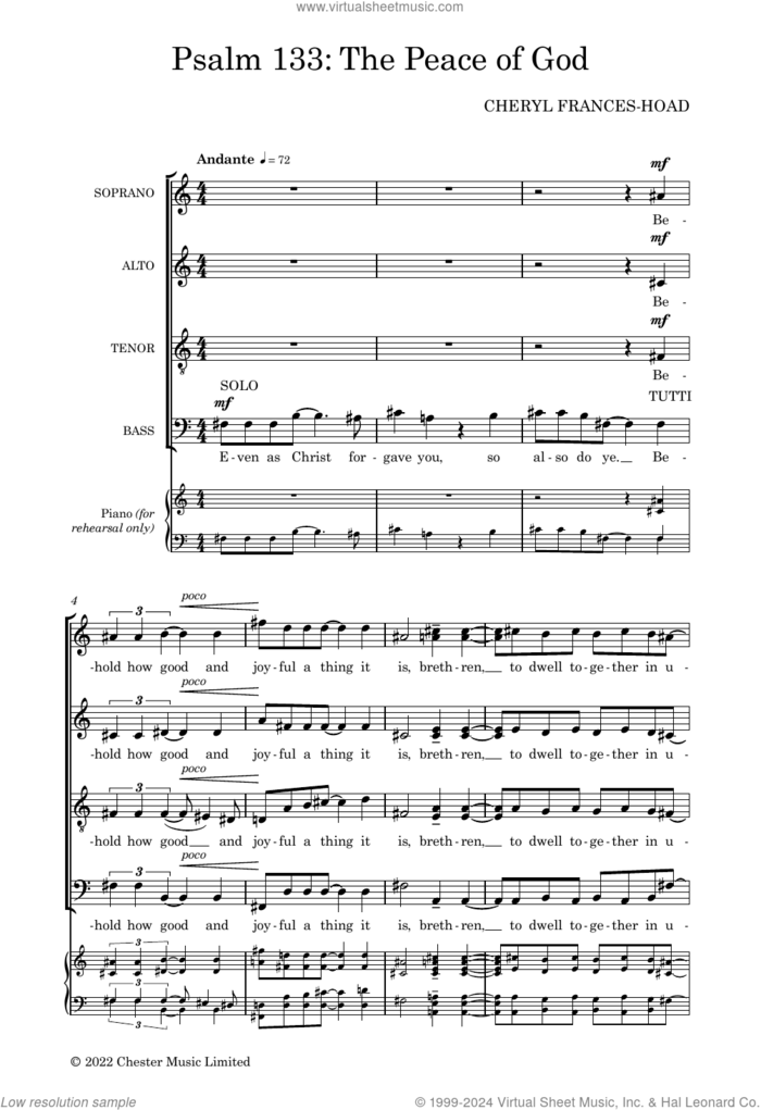 Psalm 133 sheet music for choir (SATB: soprano, alto, tenor, bass) by Cheryl Frances-Hoad, classical score, intermediate skill level