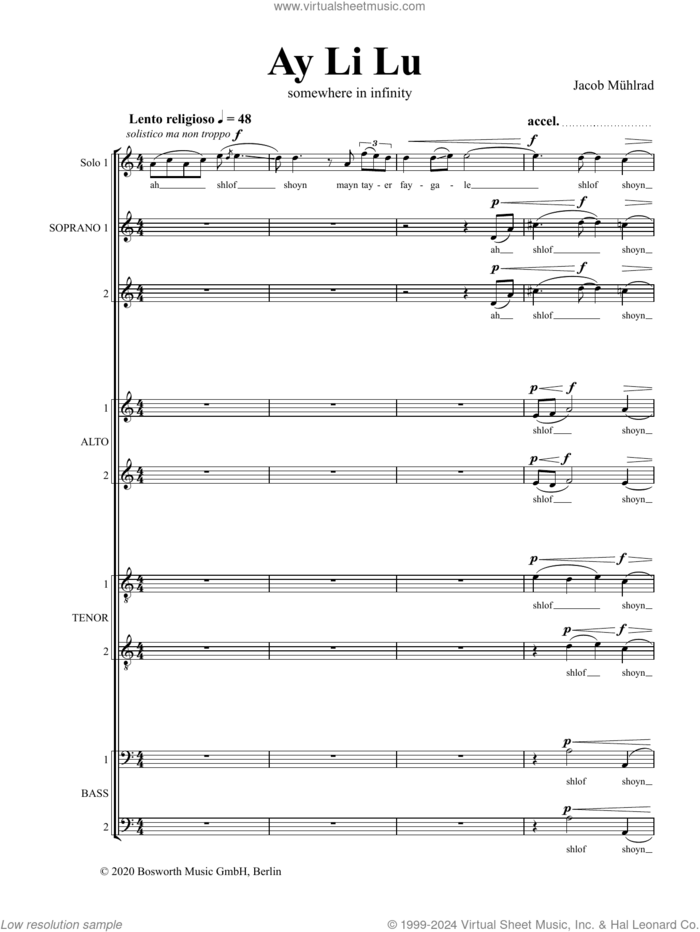 Ay Li Lu sheet music for choir (SATB Divisi) by Jacob Mühlrad, classical score, intermediate skill level