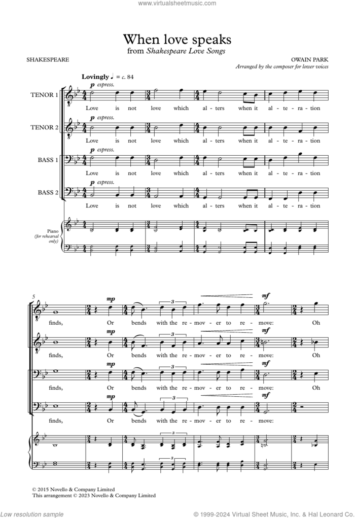 When Love Speaks sheet music for choir (TTBB: tenor, bass) by Owain Park, classical score, intermediate skill level