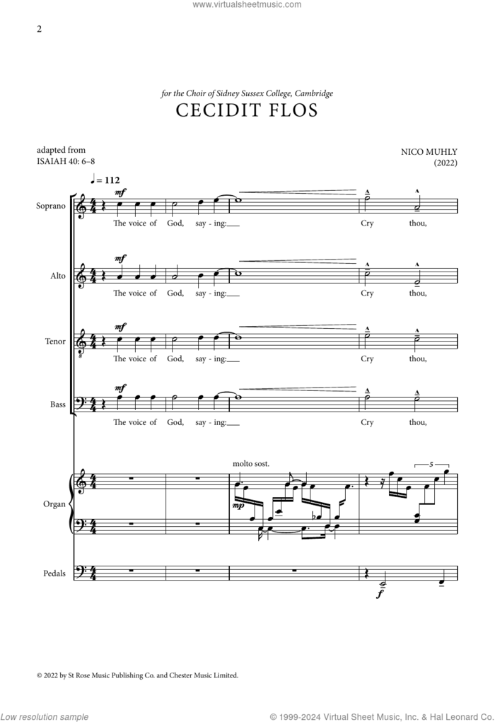 Cecidit Flos sheet music for choir (SATB: soprano, alto, tenor, bass) by Nico Muhly, classical score, intermediate skill level