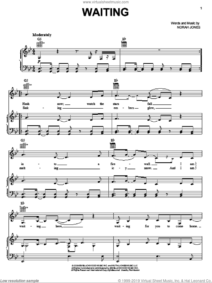 Waiting sheet music for voice, piano or guitar by Norah Jones, intermediate skill level