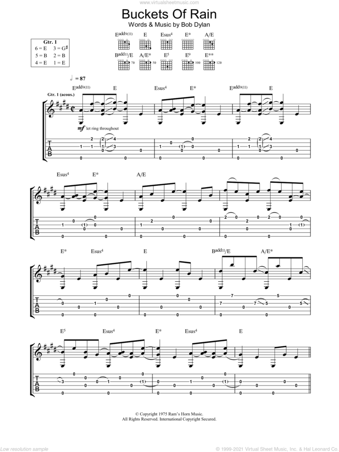 Buckets Of Rain sheet music for guitar (tablature) by Bob Dylan, intermediate skill level