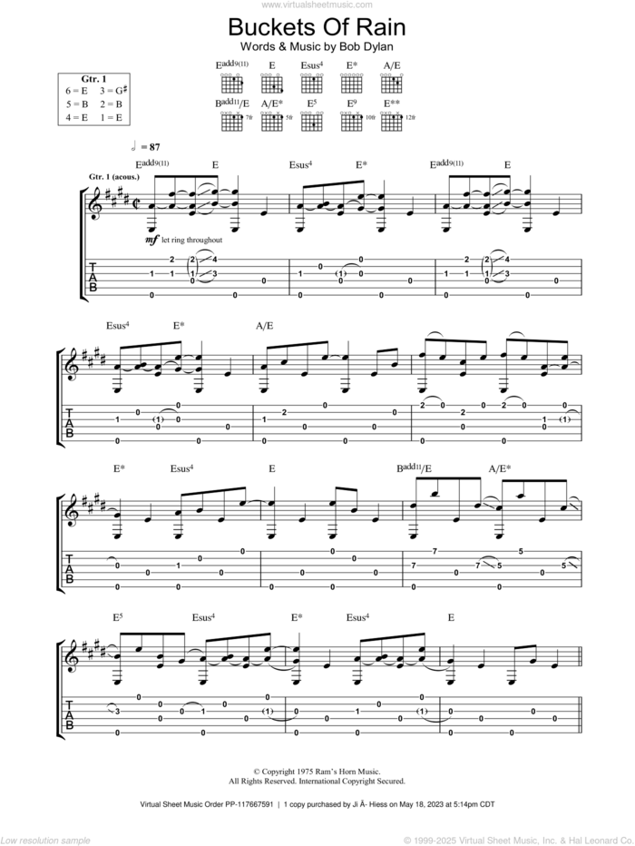 Buckets Of Rain sheet music for guitar (tablature) by Bob Dylan, intermediate skill level