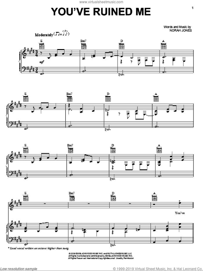 You've Ruined Me sheet music for voice, piano or guitar by Norah Jones, intermediate skill level