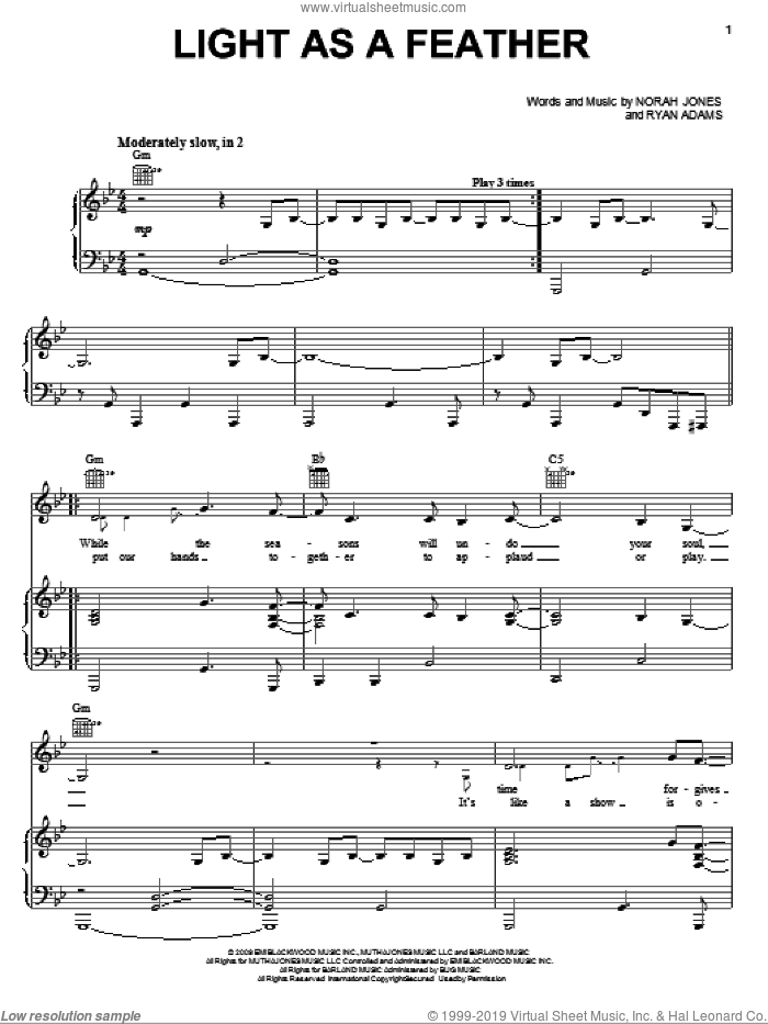 Light As A Feather sheet music for voice, piano or guitar by Norah Jones and Ryan Adams, intermediate skill level