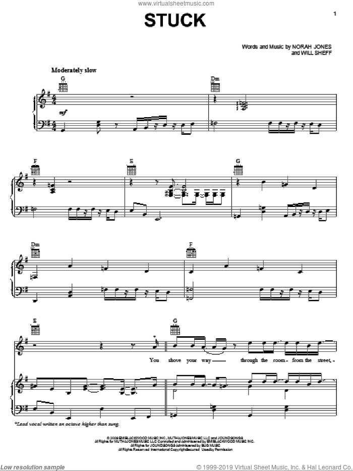 Stuck sheet music for voice, piano or guitar by Norah Jones and Will Sheff, intermediate skill level