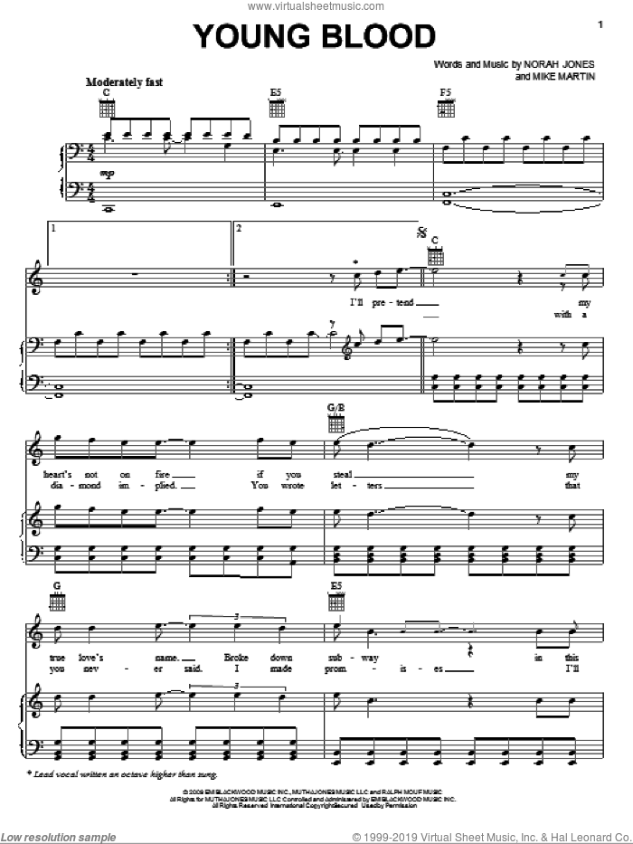 Young Blood sheet music for voice, piano or guitar by Norah Jones and Mike Martin, intermediate skill level