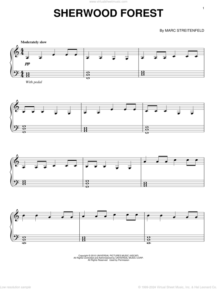 Sherwood Forest sheet music for piano solo by Marc Streitenfeld and Robin Hood (Movie), intermediate skill level