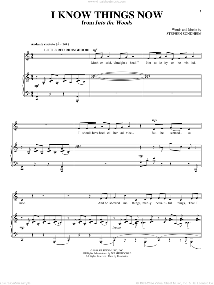 I Know Things Now (from Into The Woods) sheet music for voice and piano by Stephen Sondheim and Into The Woods (Musical), intermediate skill level