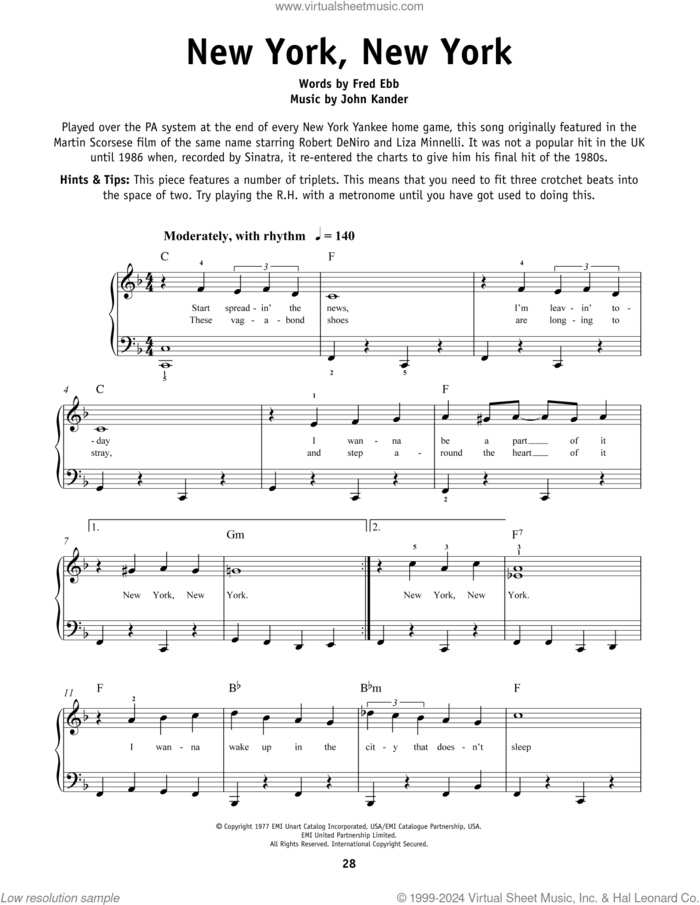 Theme From 'New York, New York' sheet music for piano solo by Frank Sinatra, Fred Ebb and John Kander, beginner skill level