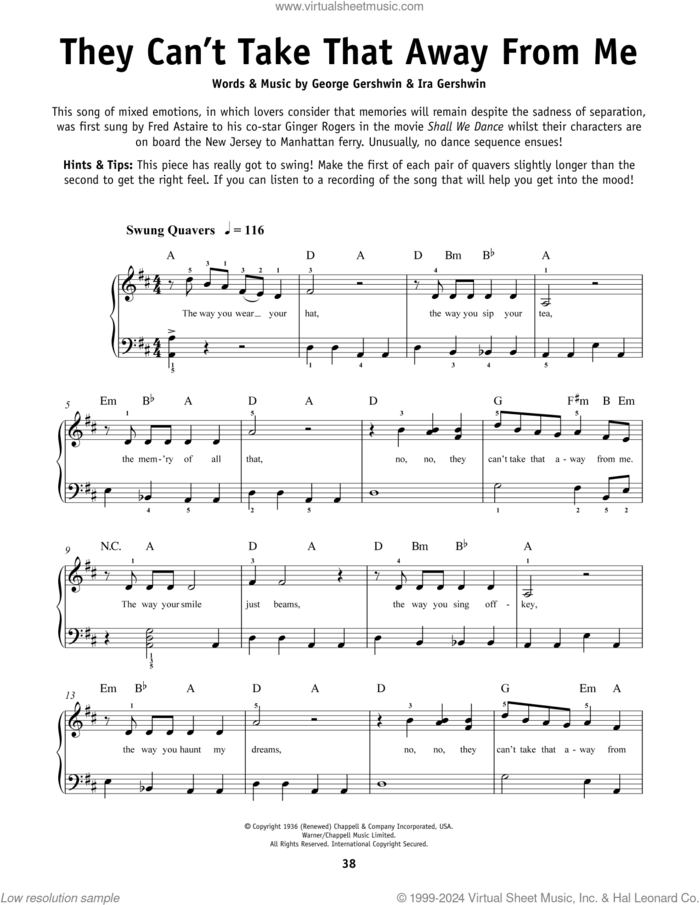 They Can't Take That Away From Me sheet music for piano solo by Frank Sinatra, George Gershwin and Ira Gershwin, beginner skill level