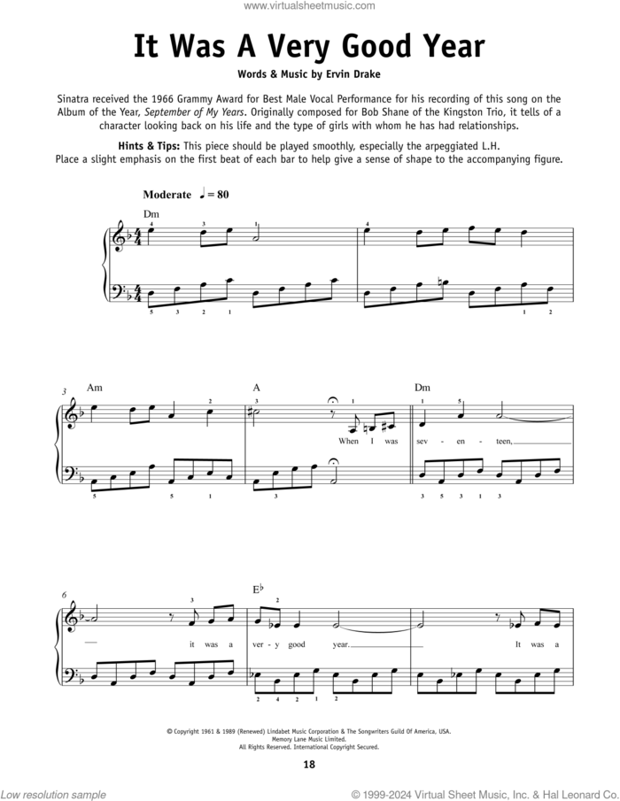 It Was A Very Good Year sheet music for piano solo by Frank Sinatra and Ervin Drake, beginner skill level