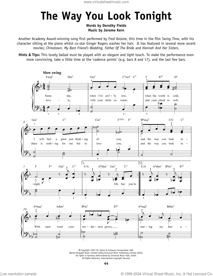 The Way You Look Tonight sheet music for piano solo by Frank Sinatra, Dorothy Fields and Jerome Kern, beginner skill level