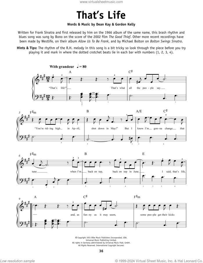 That's Life sheet music for piano solo by Frank Sinatra, Dean Kay and Kelly Gordon, beginner skill level