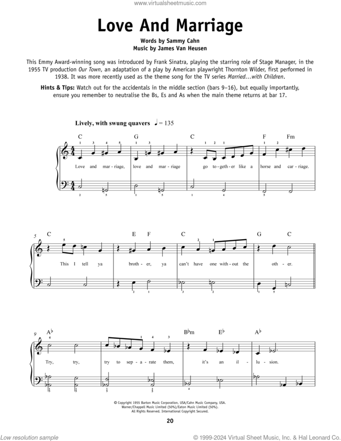 Love And Marriage sheet music for piano solo by Frank Sinatra, Jimmy van Heusen and Sammy Cahn, beginner skill level