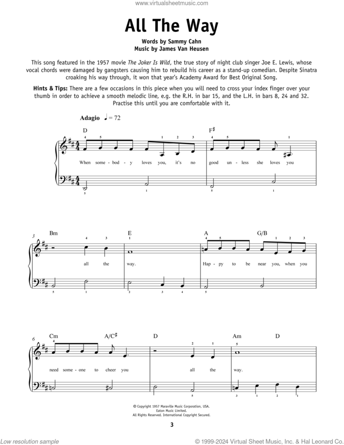 All The Way sheet music for piano solo by Frank Sinatra, Jimmy van Heusen and Sammy Cahn, beginner skill level