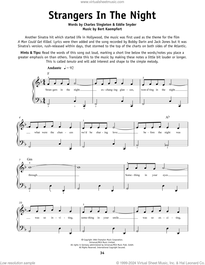 Strangers In The Night sheet music for piano solo by Frank Sinatra, Bert Kaempfert, Charles Singleton and Eddie Snyder, beginner skill level