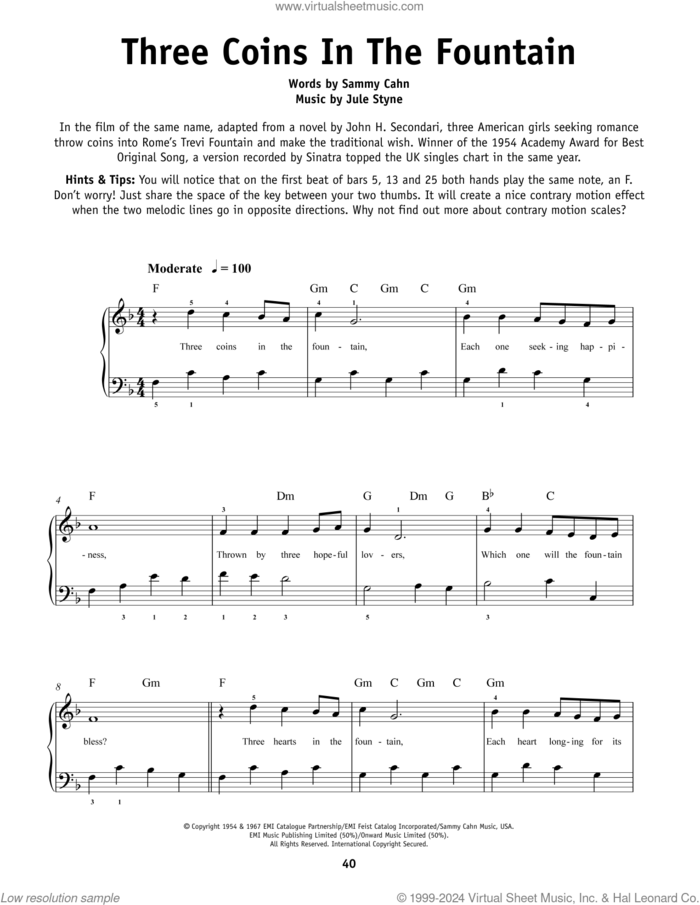 Three Coins In The Fountain, (beginner) sheet music for piano solo by Frank Sinatra, The Four Aces, Jule Styne and Sammy Cahn, beginner skill level