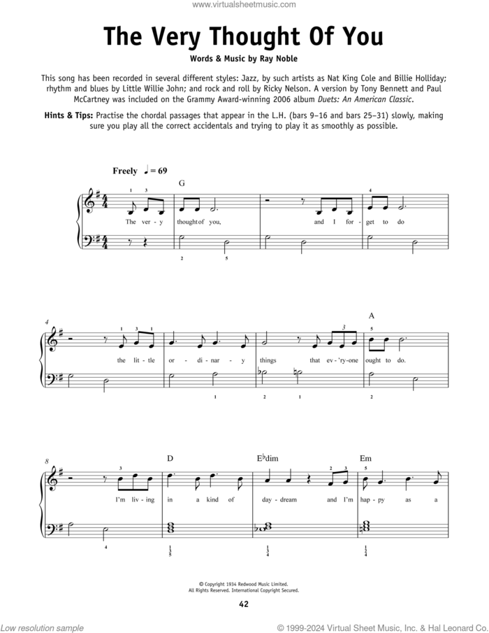 The Very Thought Of You, (beginner) sheet music for piano solo by Frank Sinatra, Kate Smith, Nat King Cole, Ray Conniff, Ricky Nelson and Ray Noble, beginner skill level