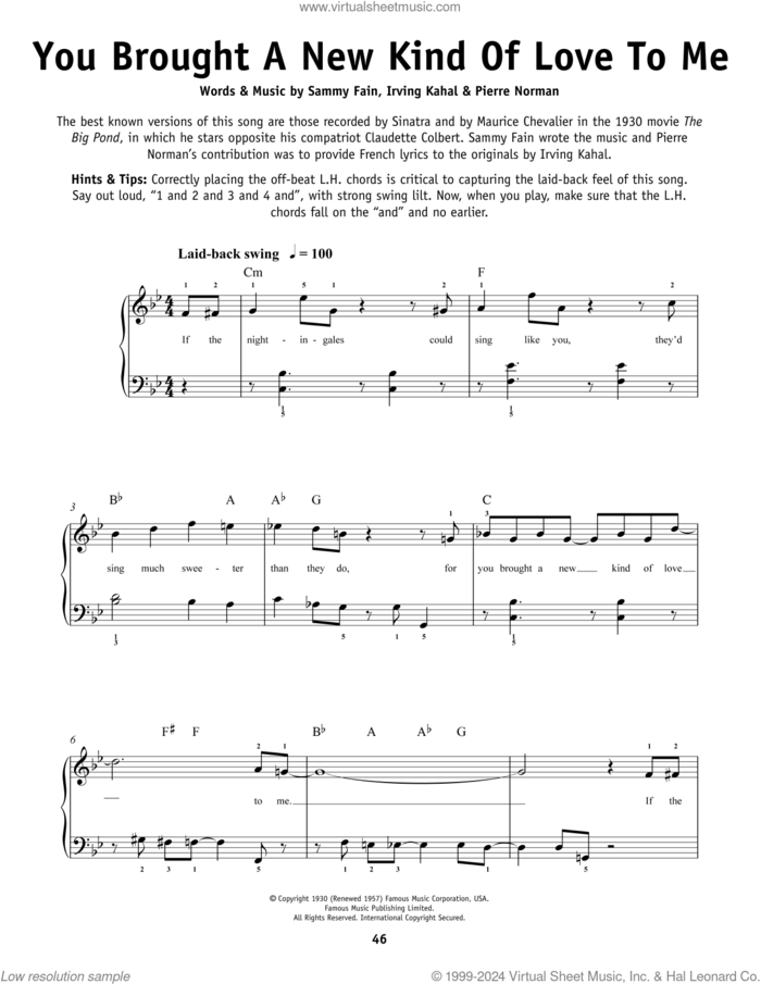 You Brought A New Kind Of Love To Me, (beginner) sheet music for piano solo by Frank Sinatra, Scott Hamilton, Irving Kahal, Pierre Norman and Sammy Fain, beginner skill level