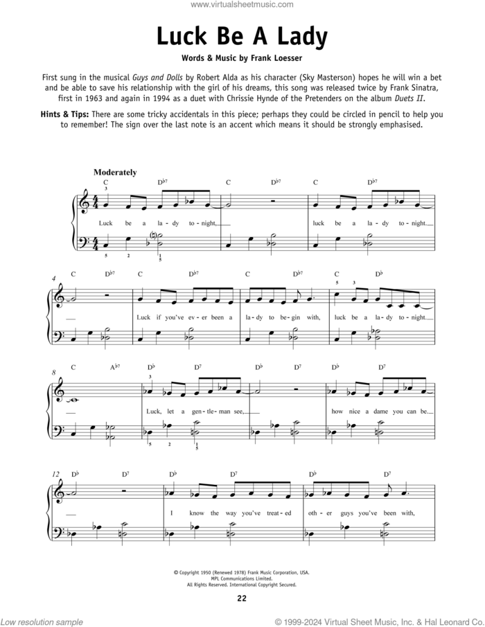 Luck Be A Lady, (beginner) sheet music for piano solo by Frank Sinatra and Frank Loesser, beginner skill level