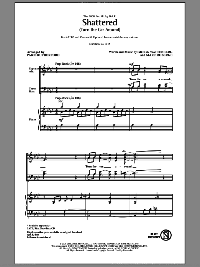 Shattered (Turn The Car Around) sheet music for choir (SATB: soprano, alto, tenor, bass) by Paris Rutherford, Gregg Wattenberg, Marc Roberge and O.A.R., intermediate skill level